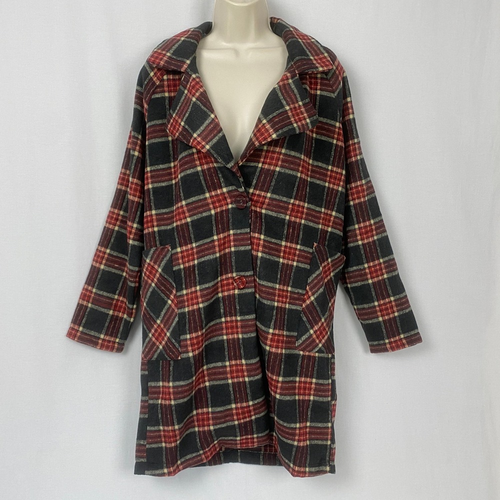 Active USA Tartan Plaid Flannel Coat Womens S Red Black Cozy Trench Shacket Long